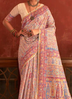 Peach Pashmina Printed Saree Party Wear