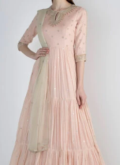 Peach Pink Pure Chanderi Silk Sequins Work Anarkali Suit Party Wear