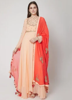 Peach Pure Georgette Thread Work Anarkali Suit Party Wear -Deals Chic Lehenga Store peach pure georgette thread work anarkali suit sldvcsvak195 u