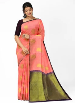 Peach Pure Silk Zari Work Saree Festive Wear -Deals Chic Lehenga Store peach pure silk zari work saree sabmkslu601 u