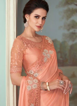 Peach Silk Embroidery Sequins Work Saree Party Wear -Deals Chic Lehenga Store peach silk embroidery sequins work saree samkns101927006 b