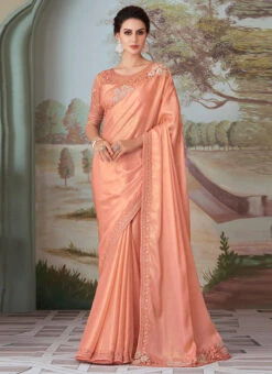 Peach Silk Embroidery Sequins Work Saree Party Wear -Deals Chic Lehenga Store peach silk embroidery sequins work saree samkns101927006 u