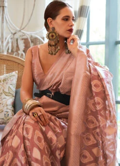 Kalki Koechlin Peach Silk Jacquard Work Saree Festive Wear -Deals Chic Lehenga Store peach silk jacquard work saree sasli312004 b
