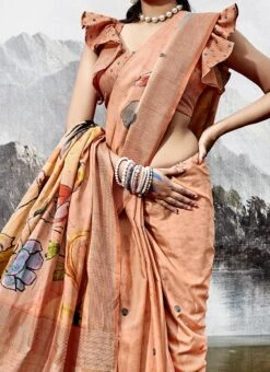 Peach Tussar Silk Printed Work Saree Festive Wear