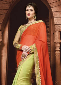 Pear Green N Orange Georgette Half N Half Saree Party Wear -Deals Chic Lehenga Store pear green n orange georgette half n half saree sassnp16010 b
