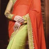 Pear Green N Orange Georgette Half N Half Saree Party Wear