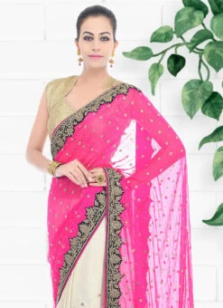 Pink And White Georgette Hand Work Half N Half Saree Party Wear -Deals Chic Lehenga Store pink and white georgette hand work half n half saree sadsf4851 b