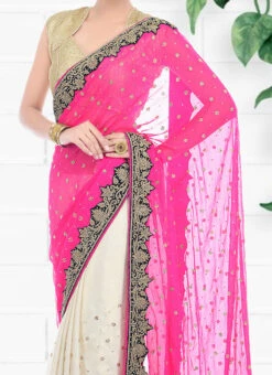 Pink And White Georgette Hand Work Half N Half Saree Party Wear