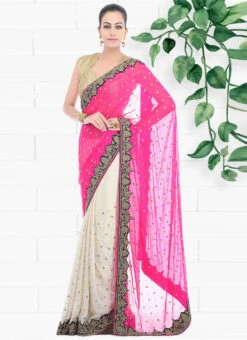 Pink And White Georgette Hand Work Half N Half Saree Party Wear -Deals Chic Lehenga Store pink and white georgette hand work half n half saree sadsf4851 u