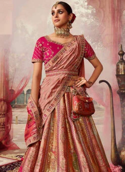 Pink Art Silk Banarasi Stone Work Umbrella Lehenga Wedding Wear -Deals Chic Lehenga Store pink art silk banarasi stone work umbrella lehenga ghmkns10249 b