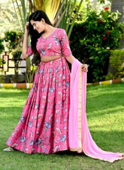 Pink Chinon Printed Umbrella Lehenga Festive Wear -Deals Chic Lehenga Store pink chinon printed umbrella lehenga ghsacw8303 u