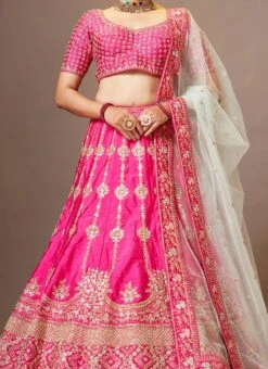 Pink Color Pure Silk Embroidered And Zari Work Umbrella Lehenga Wedding Wear