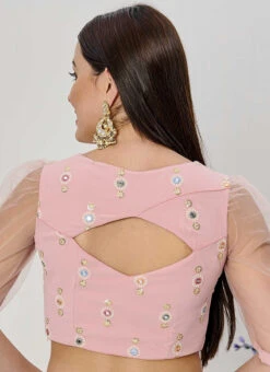 Pink Embroidered Ruched Pattern Style Blouse Wedding Wear -Deals Chic Lehenga Store pink embroidered ruched pattern style blouse BLBS02307598 b