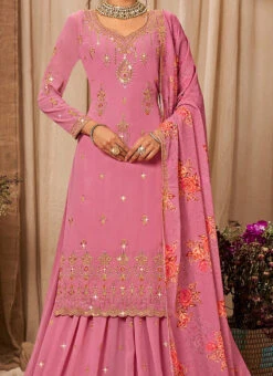 Pink Faux Georgette Embroidered Digital Print A Line Lehenga Party Wear
