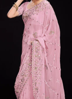 Pink Faux Georgette Embroidered Sequins Saree Party Wear