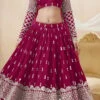 Pink Faux Georgette Mirror Work Umbrella Lehenga Wedding Wear