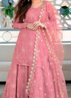 Pink Faux Georgette Sequins Umbrella Lehenga Party Wear