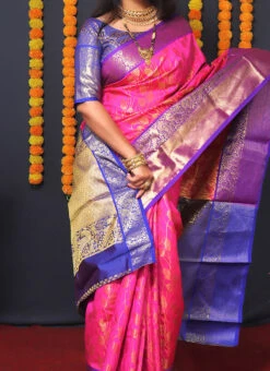 Pink Kancheepuram Silk Zari Weaving Work Saree Festive Wear