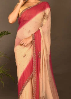 Pink N Green Georgette Hand Work Half N Half Saree Festive Wear