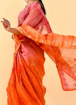Pink N Orange Cotton Sequins Work Saree Festive Wear