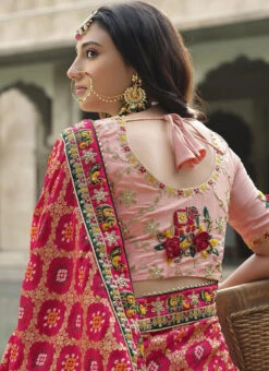 Pink N Peach Silk Embroidery Half N Half Saree Party Wear -Deals Chic Lehenga Store pink n peach silk embroidery half n half saree samkns102214049 b