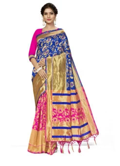 Pink N Royal Blue Banarasi Silk Zari Saree Festive Wear -Deals Chic Lehenga Store pink n royal blue banarasi silk zari saree sasstsktic38532a u