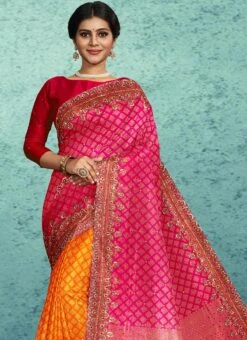 Pink N Rust Kanjeevaram Silk Hand Embroidery Half N Half Saree Festive Wear -Deals Chic Lehenga Store pink n rust kanjeevaram silk hand embroidery half n half saree sadsf4753 b