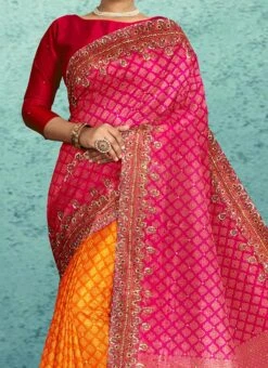 Pink N Rust Kanjeevaram Silk Hand Embroidery Half N Half Saree Festive Wear