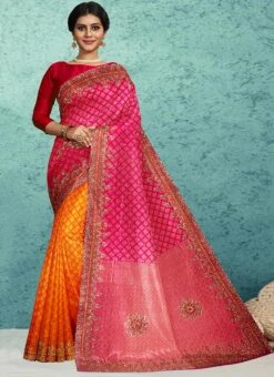 Pink N Rust Kanjeevaram Silk Hand Embroidery Half N Half Saree Festive Wear -Deals Chic Lehenga Store pink n rust kanjeevaram silk hand embroidery half n half saree sadsf4753 u