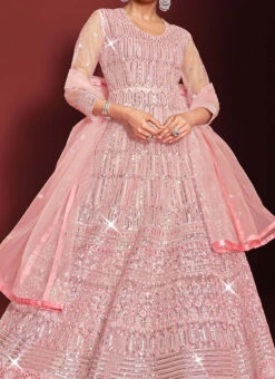 Pink Net Embroidered N Sequins Anarkali Suit Party Wear
