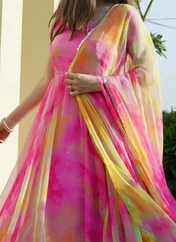 Pink Organza Digital Printed Anarkali Suit Party Wear