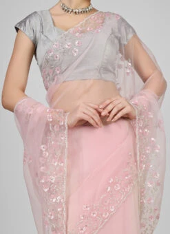 Pink Organza Resham Saree Party Wear