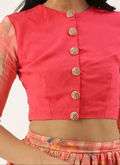 Pink Printed Rayon Jewel Neck Blouse Festive Wear