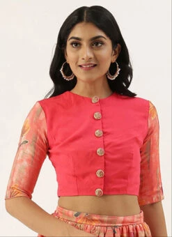Pink Printed Rayon Jewel Neck Blouse Festive Wear -Deals Chic Lehenga Store pink printed rayon jewel neck blouse BLBS02305271 u