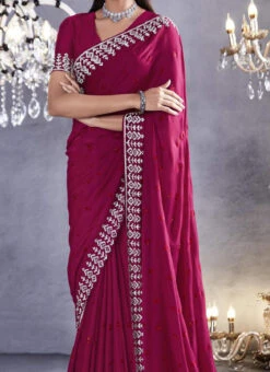 Pink Satin Blend Embroidered Saree Party Wear