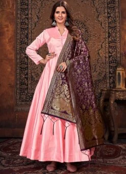 Pink Silk Plain Anarkali Suit Party Wear -Deals Chic Lehenga Store pink silk plain anarkali suit slsdck4001 u