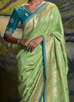 Pista Green Benarasi Silk Zari Work Saree Wedding Wear