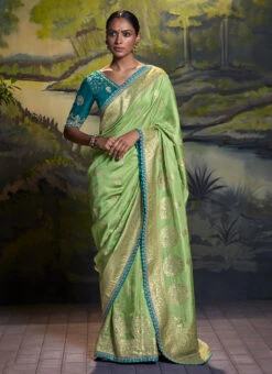 Pista Green Benarasi Silk Zari Work Saree Wedding Wear -Deals Chic Lehenga Store pista green benarasi silk zari work saree sasli1772126 u