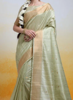 Pista Green Cotton Silk Zari Weaving Saree Festive Wear