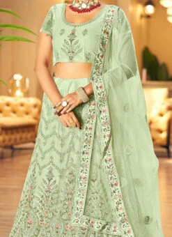 Pista Green Embroidery Stone Work Net A Line Lehenga Party Wear