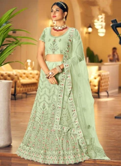 Pista Green Embroidery Stone Work Net A Line Lehenga Party Wear -Deals Chic Lehenga Store pista green embroidery stone work net a line lehenga ghska46271044a u