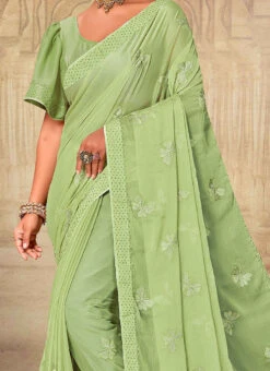 Pista Green Faux Chiffon Resham Embroidered Saree Party Wear
