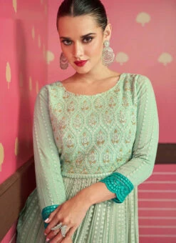 Pista Green Georgette Embroidery Anarkali Suit Party Wear -Deals Chic Lehenga Store pista green georgette embroidery anarkali suit slsak40435209 b