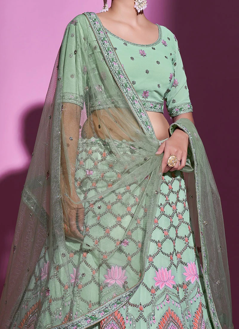 Pista Green Georgette Embroidery N Sequins Umbrella Lehenga Wedding Wear 1 Pista Green Georgette Embroidery N Sequins Umbrella Lehenga Wedding Wear