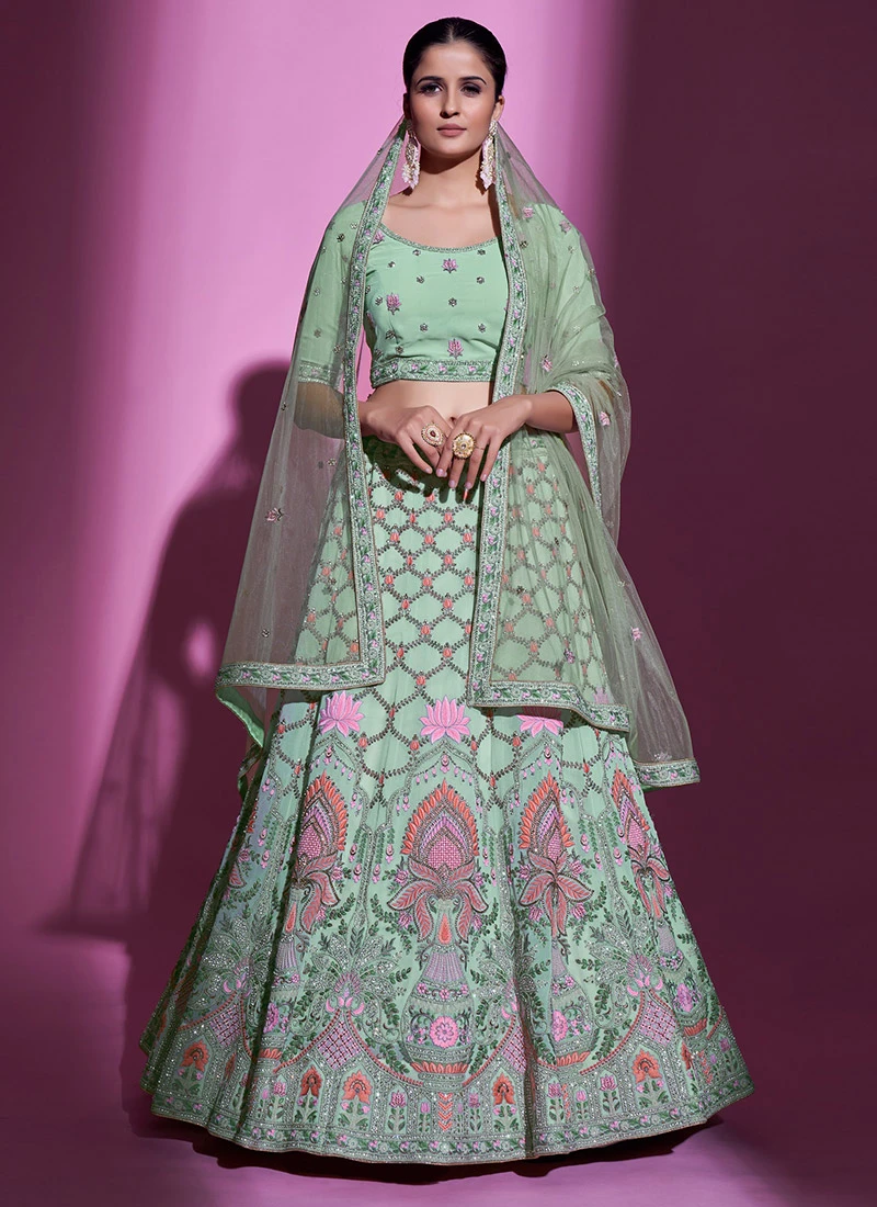 Pista Green Georgette Embroidery N Sequins Umbrella Lehenga Wedding Wear 3 Pista Green Georgette Embroidery N Sequins Umbrella Lehenga Wedding Wear - Image 3