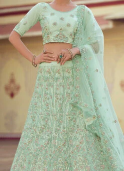 Pista Green Net Embroidered N Sequins Umbrella Lehenga Wedding Wear