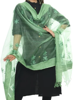 Pista Green Organza Cotton Chikankari Embroidery Work Dupatta Work Wear