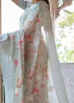 Pista Green Organza Printed Work Saree After Six Wear