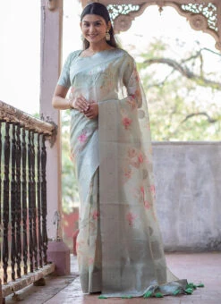 Pista Green Organza Printed Work Saree After Six Wear -Deals Chic Lehenga Store pista green organza printed work saree sasriosl01 u