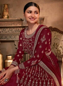 Prachi Desai Maroon Georgette Embroidery Anarkali Suit Party Wear -Deals Chic Lehenga Store prachi desai maroon georgette embroidery anarkali suit slsacu8577 b